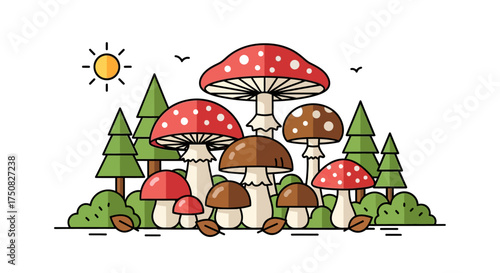 A collection of various mushrooms growing in a forest setting with trees and bushes under a sunny sky.