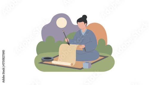 Serene Asian person in traditional robes practicing calligraphy outdoors highlighting culture and peaceful artistry