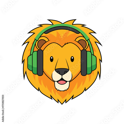 Cute cartoon lion head wearing bright green headphones enjoying music with joyful expression on vector