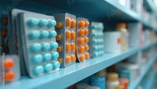 Rows of blue and orange pills in blister packs line pharmacy shelves. Medicine containers are visible in the background. Healthcare items are neatly organized on blue shelving.