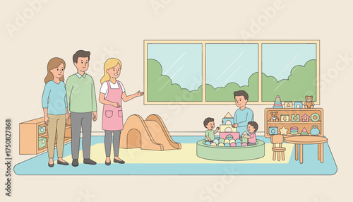 Family visits a welcoming kindergarten Teacher guides parents while children play cheerfully