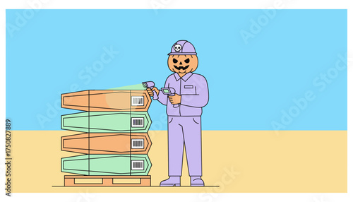 Pumpkinheaded worker scans coffin barcodes on a pallet managing spooky Halloween inventory logistics