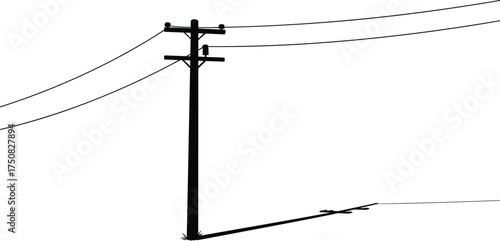 Minimalist silhouette of utility pole with three power lines casting long shadow on plain white background, simple vector illustration design