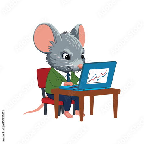 Cute cartoon mouse in business attire diligently working on a laptop computer at a wooden desk with a red chair creating a professional image vector