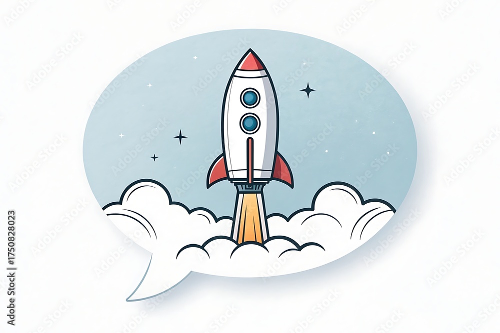 Naklejka premium Retro cartoon rocket ship blasting off into space with fiery exhaust and clouds