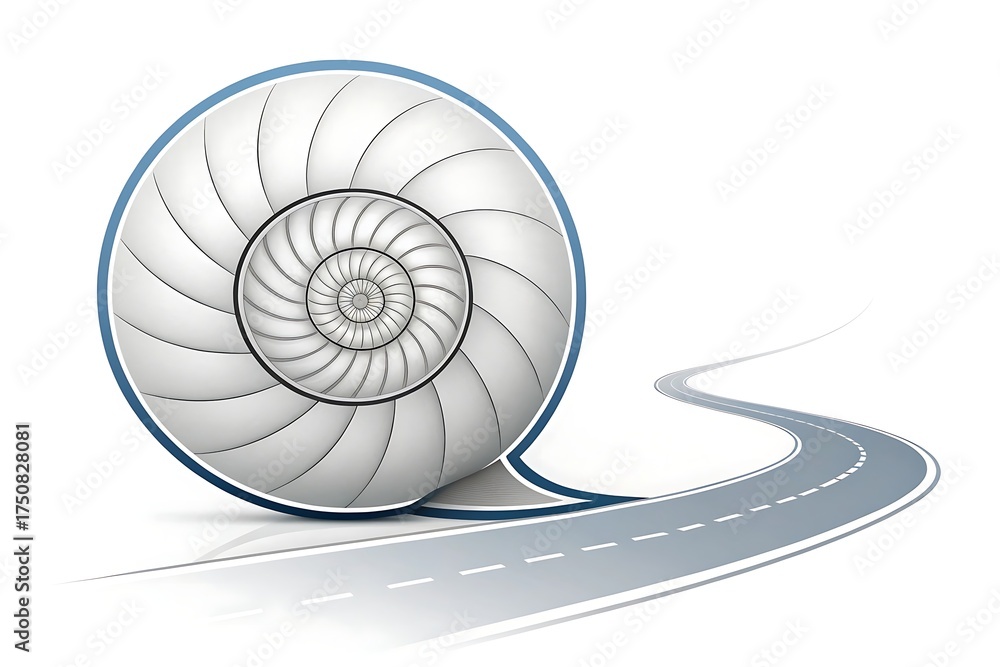 Obraz premium Abstract spiral shell structure emerging from a winding road representing growth and journey