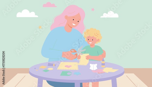 Mother and child cutting paper shapes happy family crafting for education or leisure