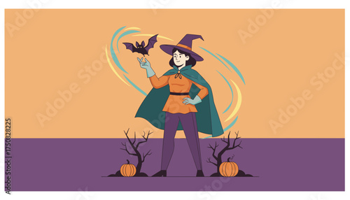 Young witch with bat and pumpkins celebrating Halloween Magic and fantasy concept