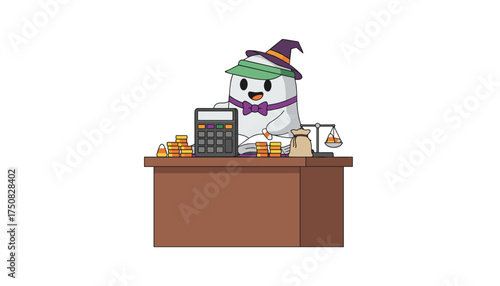 Cute ghost accountant in witch hat managing Halloween finances with calculator coins and candy