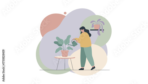Woman watering houseplants symbolizing care nature connection and home lifestyle