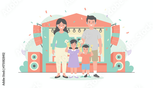 Happy family enjoying a lively music concert together with ear protection