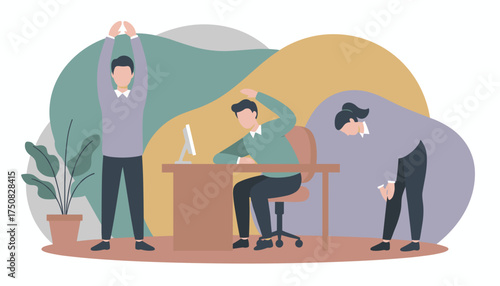 Office workers stretching for health and productivity in a modern work environment