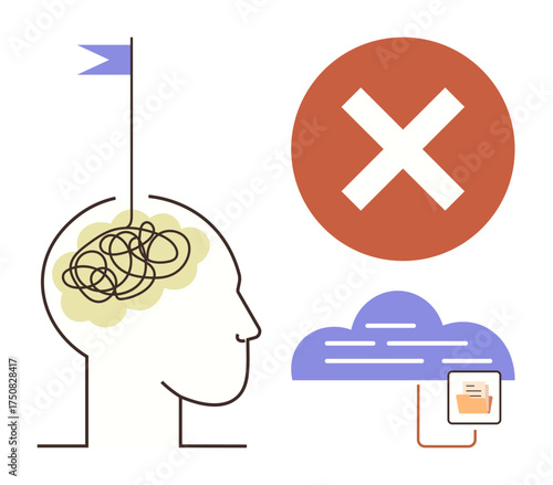 Human head with tangled brain, cloud storage, error cross, and a file folder. Ideal for psychology, failure, mistake, disconnection digital error mental health simplicity. Modern flat metaphor