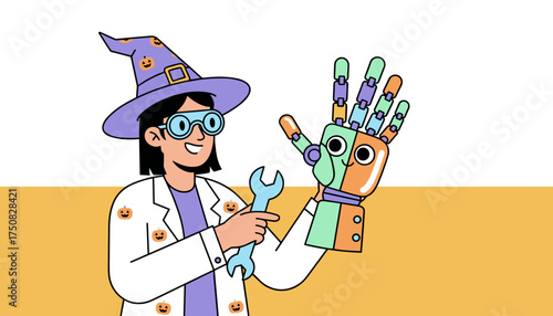 Festive scientist in witch hat and lab coat working on a colorful smiling robotic hand