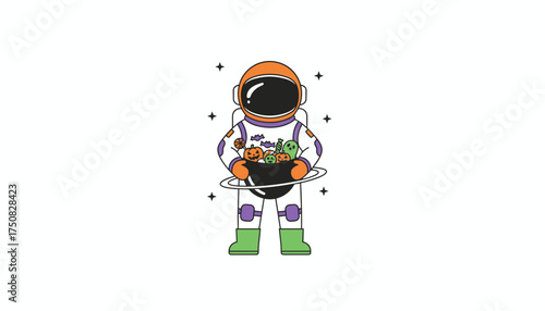 Astronaut in spacesuit holding a cauldron of Halloween candy with stars Spacethemed holiday fun