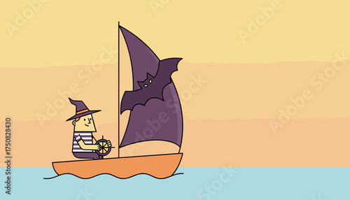 Happy sailor in witch hat on sailboat with a bat Halloween adventure at sea