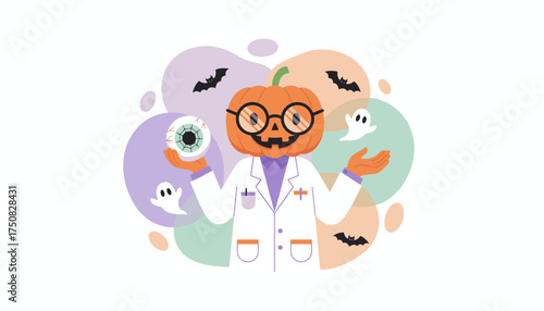 Happy Halloween pumpkin scientist with glasses holding an eyeball surrounded by ghosts and bats