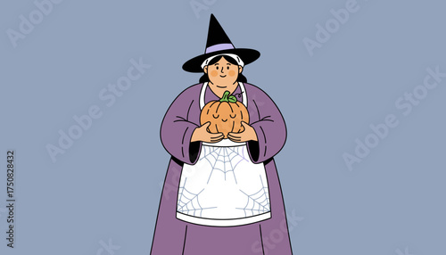Friendly cartoon witch holding a smiling pumpkin ideal for Halloween and autumn concepts
