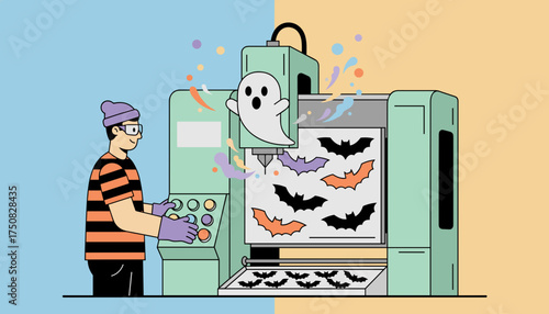 Creative process Person operates machine fabricating Halloween bats with a friendly ghost
