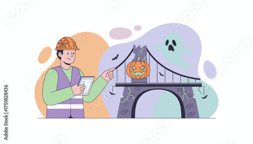 Engineer with a Halloween hard hat points at a spooky bridge with pumpkin and ghost
