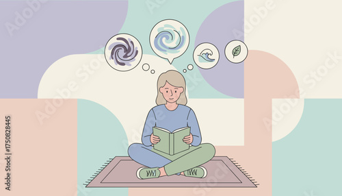 Woman reading book imagining nature  weather Learning relaxation environmental concepts