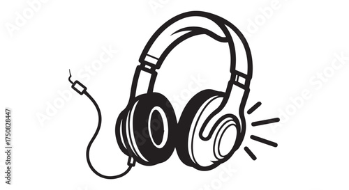 Sketch of a pair of headphones with a cord and plug, isolated on a transparent background