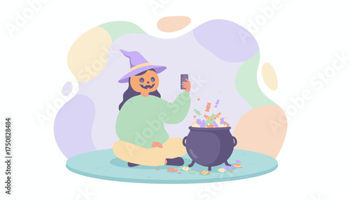 Person in pumpkin head and witch hat taking photo of candyfilled cauldron for Halloween fun