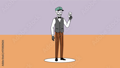 Stylish skeleton character in formal wear holding a skull card Fun illustration for design