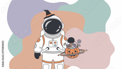 Astronaut with a witch hat holds a pumpkin bucket full of Halloween candy and treats Space fun