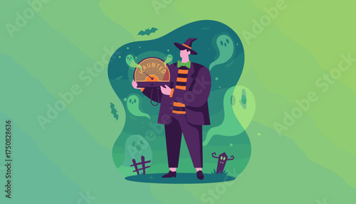 Man in witch hat holding a HAUNTED ghost detector amidst spooky ghosts and bats Halloween concept