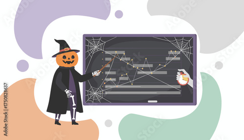 Halloween business Pumpkin witch explains data trends on spooky chalkboard with stopwatch