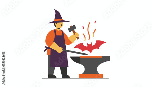 Halloween witch forging a spooky bat on an anvil with fiery sparks Fantasy craft design