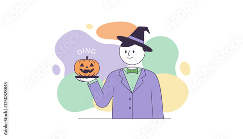 Man in witch hat holds a jackolantern on a tray signaling Halloween fun