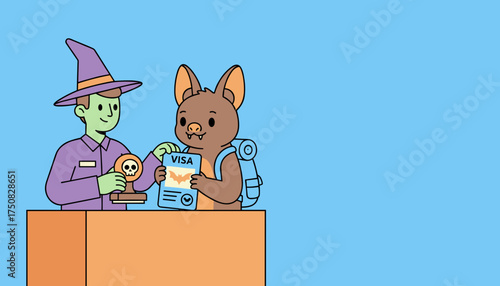 Cute bat traveler gets visa approval from witch immigration officer Halloween travel concept