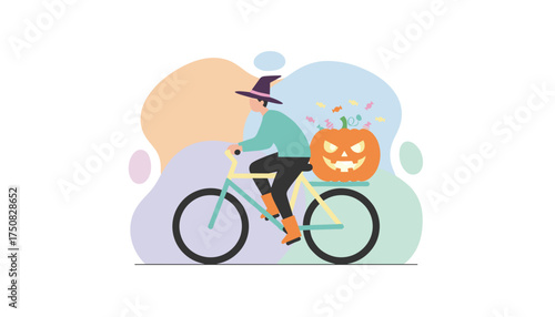Festive person in witch hat on bicycle carrying jackolantern with candy for Halloween