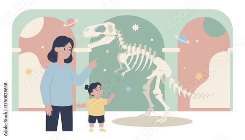 Mother and daughter exploring a dinosaur exhibit learning about science and history