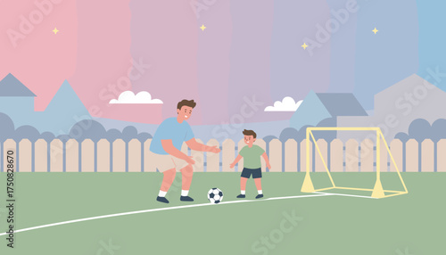 Joyful father and son bonding over soccer in their backyard promoting healthy lifestyle