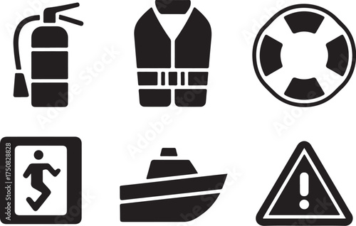 Safety icons: fire extinguisher, life vest, boat, warning