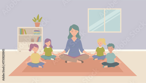 Adult and children meditating promoting mindfulness peace and focus in a calm environment