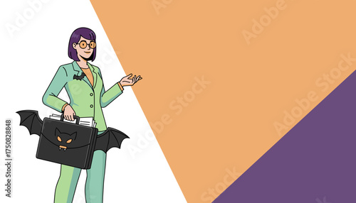 Quirky businesswoman with batthemed briefcase presents ideal for business and Halloween concepts
