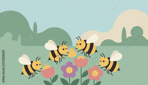 Team of cartoon bees working together collecting pollen from colorful flowers in a spring meadow