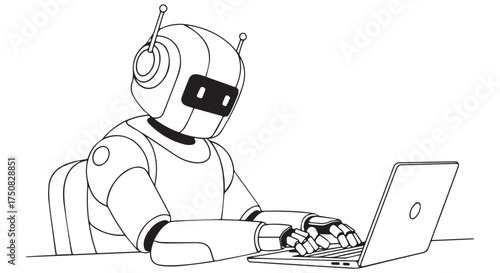 Robot typing on a laptop, isolated on transparent background