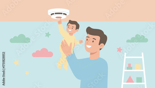 Father holds baby to test smoke detector promoting home safety and family care
