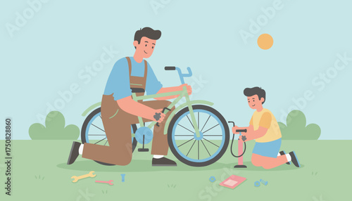Father and son fixing bike happy family bonding learning maintenance outdoors