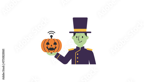 Smiling man in uniform holds smart Halloween pumpkin with WiFi signal Festive tech concept