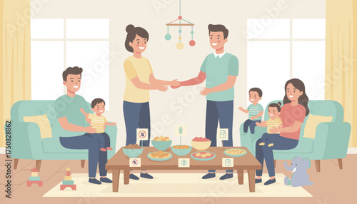 Happy families and children enjoying snacks with dietary awareness at a friendly home gathering