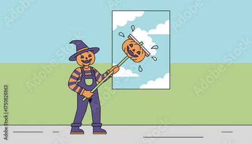 Halloween pumpkin character cleaning window with a squeegee reflecting clear skies Seasonal fun