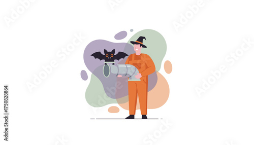 Man in witch hat with bat emerging from pipe Spooky fun for Halloween celebrations  events