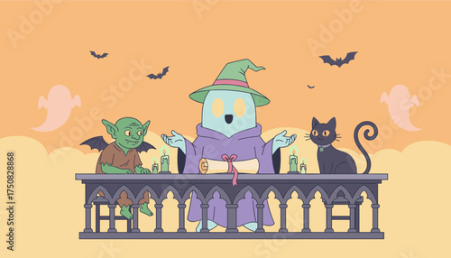 Whimsical Halloween scene with a wizard goblin and black cat on a spooky balcony