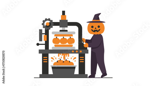 Pumpkinheaded character making pumpkin juice with a press machine for Halloween harvest fun